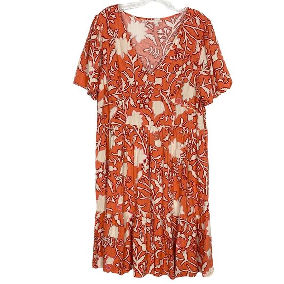 NWOT KNOX ROSE Dress XL Floral Coral Tiered V-Neck Puff-Short-Sleeve Knee - Picture 2 of 5